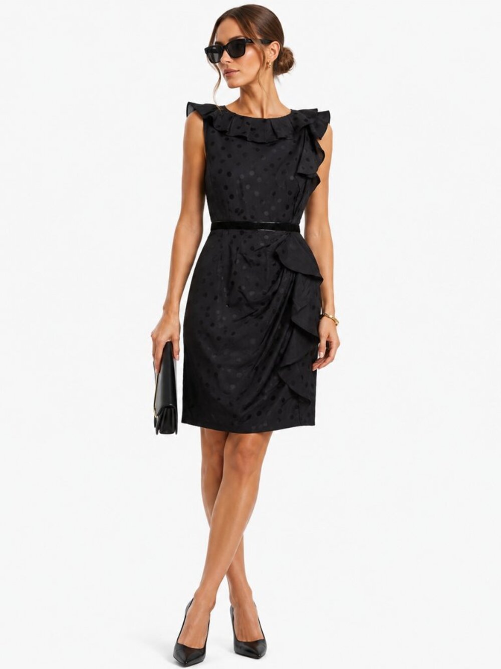 Marc Jacobs Silk Polka Dot Dress Black Ruffle Sheath Luxe Chic Women's 10